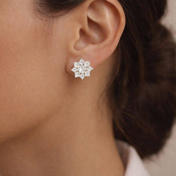 Silver Princess-Cut Floral Stud Earrings