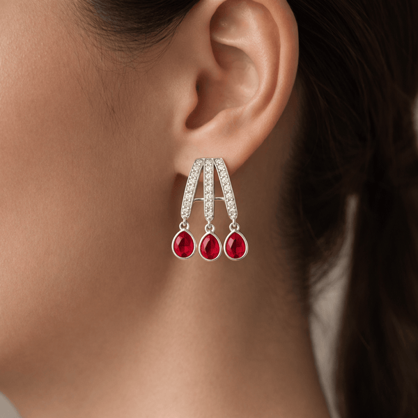 Silver Ruby Drop CZ Earrings