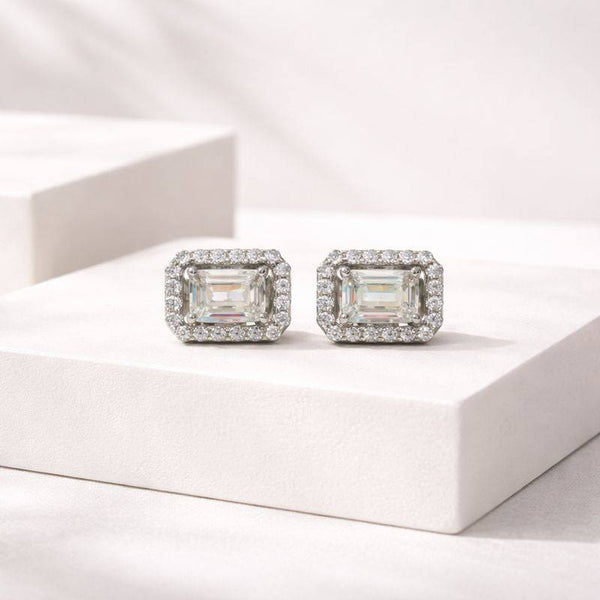 Silver Emerald-Cut Halo Stud Earrings