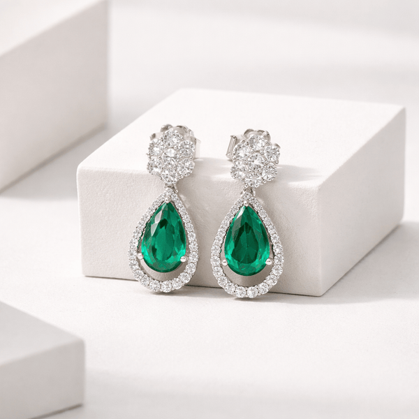 Silver Emerald Teardrop Halo Earrings