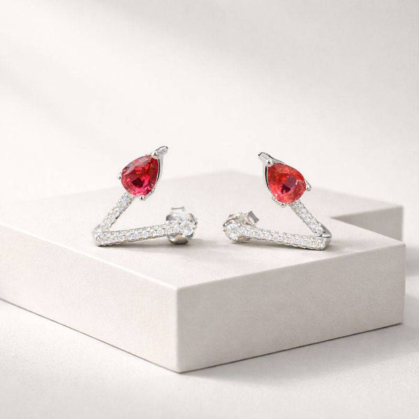 Silver Ruby Teardrop Open Stud Earrings