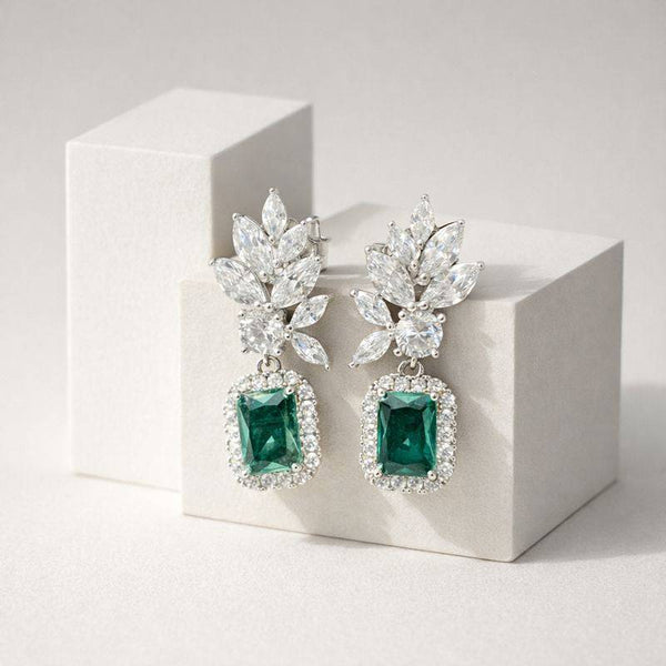 Silver Emerald Drop Floral Earrings