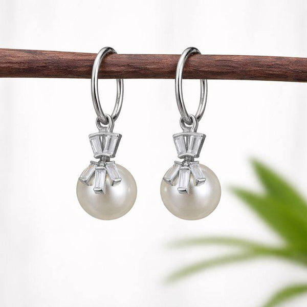 Silver Pearl Drop Hoop Earrings