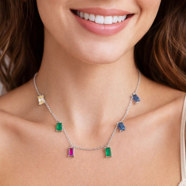 Silver Multicolour Stone Chain Necklace