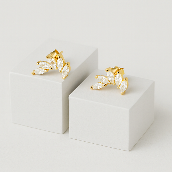 Golden Leaf Sparkle Silver Stud Earrings