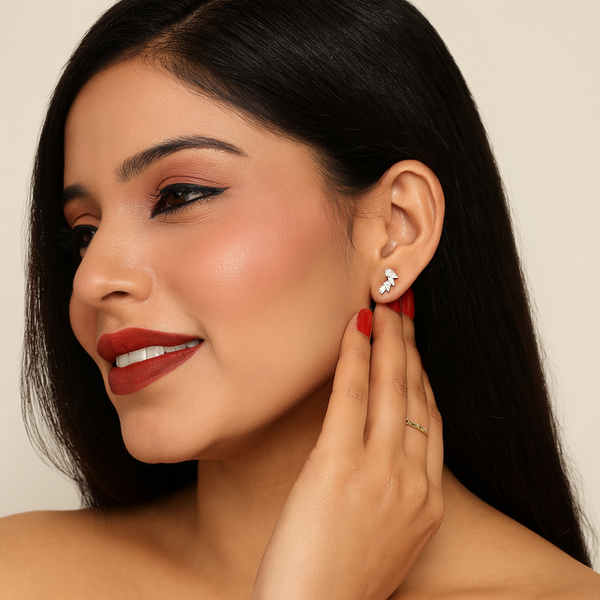 Golden Leaf Sparkle Silver Stud Earrings