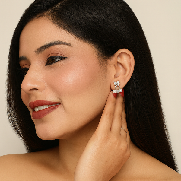 Pearl Butterfly Silver Jacket Earrings