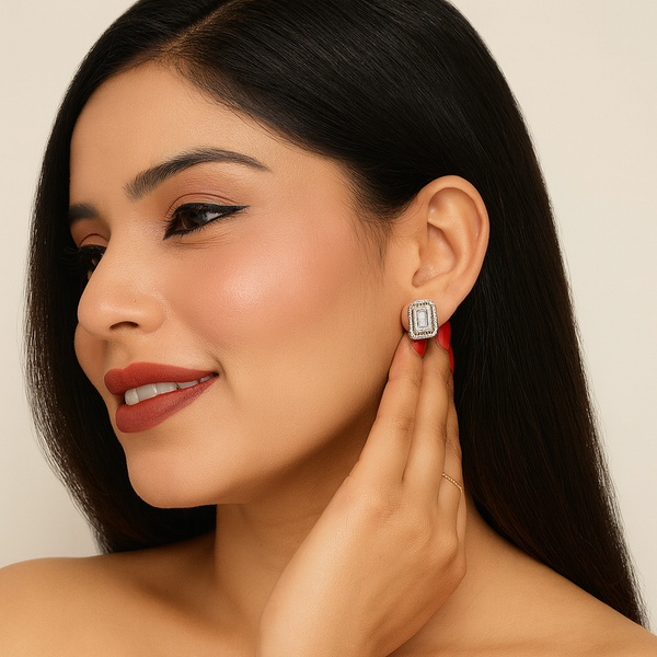 Emerald Cut Halo Silver Stud Earrings