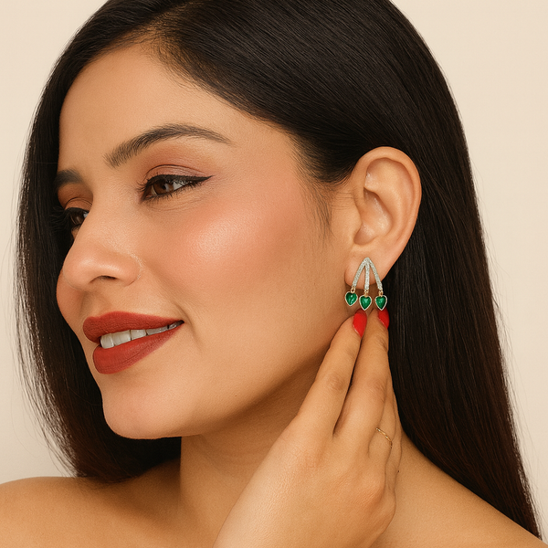 Emerald Heart Drop Silver Stud Earrings