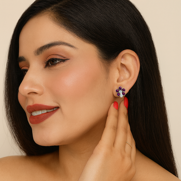 Floral Gem Silver Stud Earrings