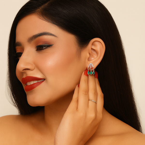 Emerald Trio Drop Silver Earrings