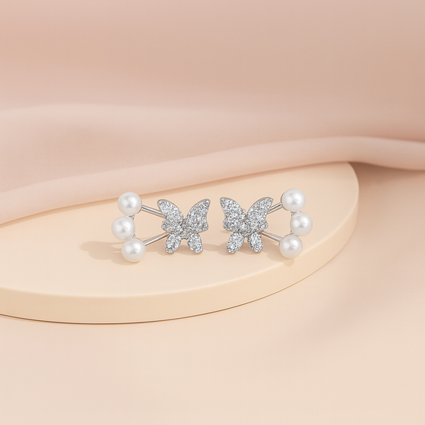 Pearl Butterfly Silver Jacket Earrings