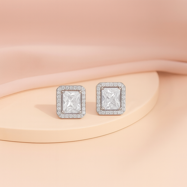 Emerald Cut Halo Silver Stud Earrings