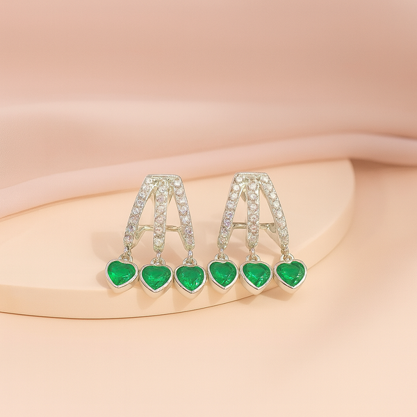 Emerald Heart Drop Silver Stud Earrings