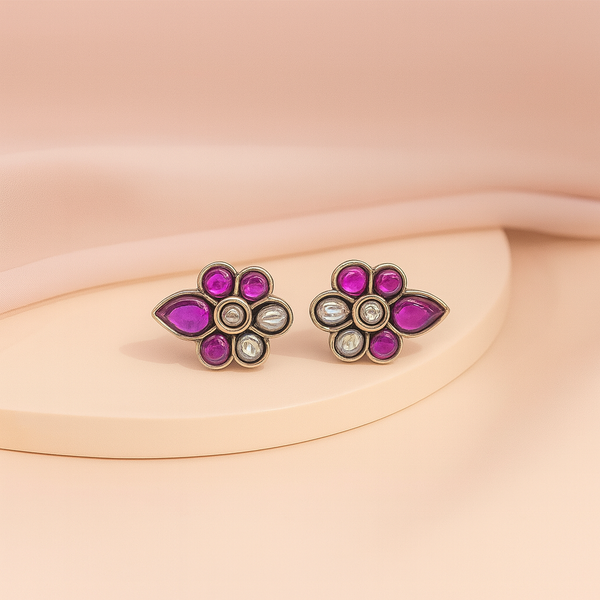 Floral Gem Silver Stud Earrings