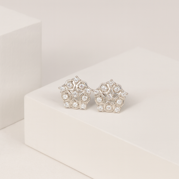 Floral Starburst 925 Silver Stud Earrings – Sparkling Openwork Design