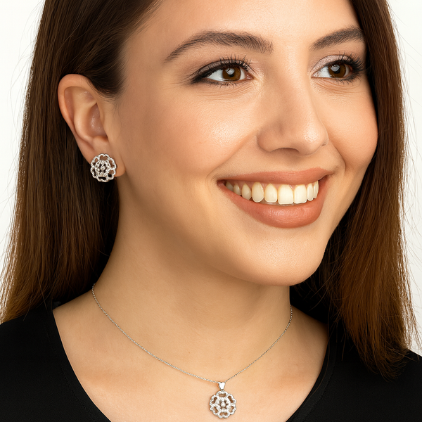 Floral Halo Silver Pendant Set
