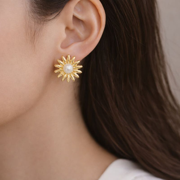 Pearl Sunburst Anti-Tarnish Stud Earrings