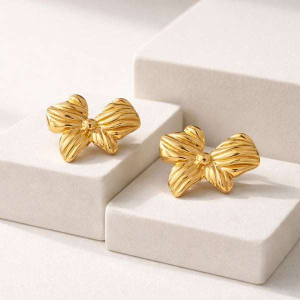 Golden Bow Anti-Tarnish Stud Earrings