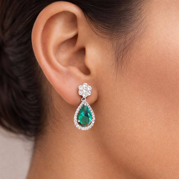 Silver Emerald Teardrop Halo Earrings