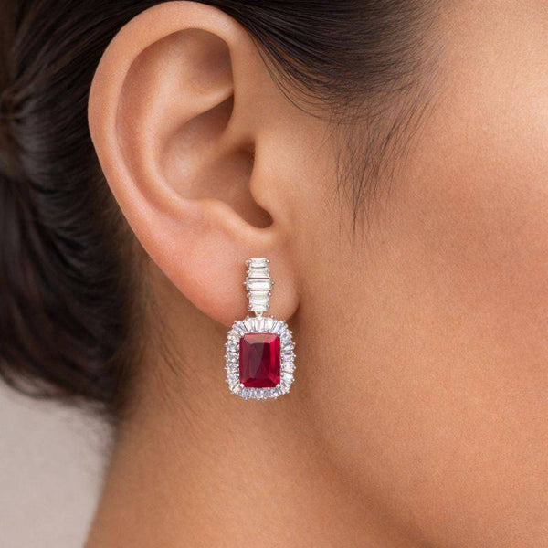 Silver Ruby Halo Drop Earrings