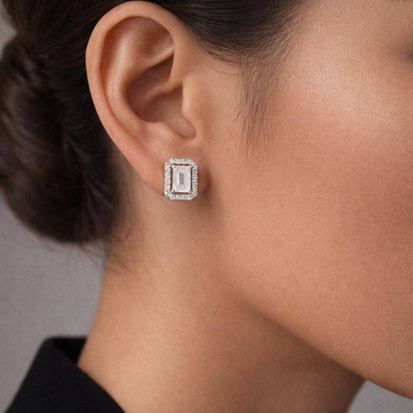 Silver Emerald-Cut Halo Stud Earrings