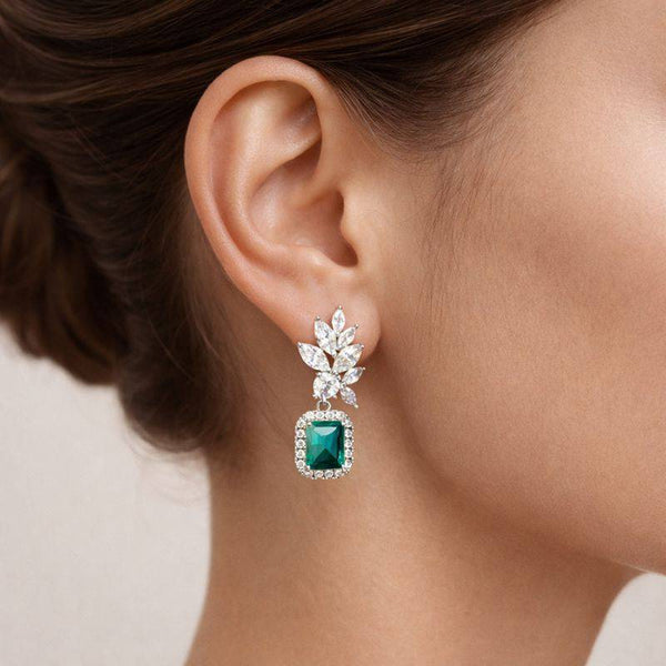 Silver Emerald Drop Floral Earrings