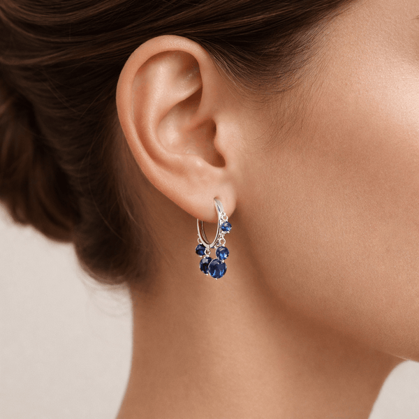 Silver Sapphire Drop Bali Earrings