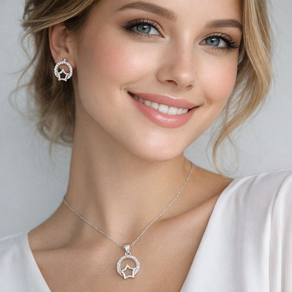 Star Halo 925 Silver Pendant Set  | Star Necklace & Stud Earrings