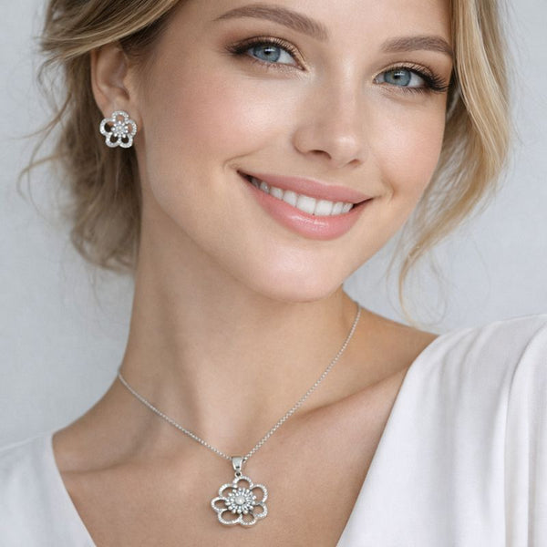 Openwork Floral  Silver Pendant Set