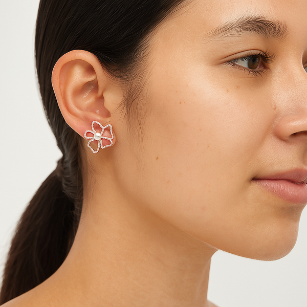 Open Petal Pearl Silver Stud Earrings