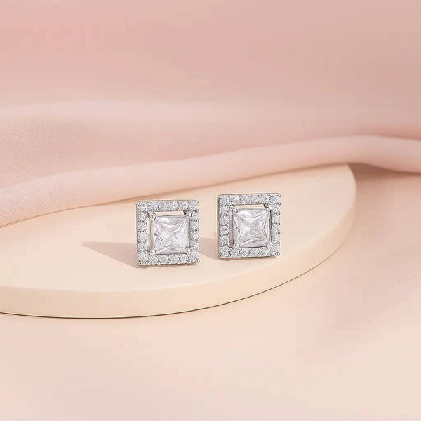 Square Sparkle Halo Stud Earrings in 925 Sterling Silver