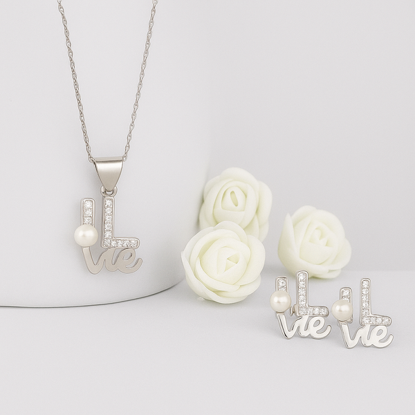 Stylish Silver “Love” Pendans Set with Pearl Accent