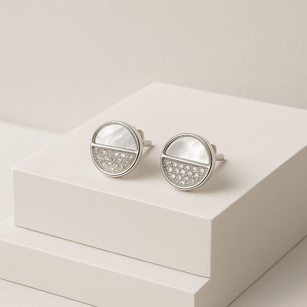 Silver Half-Moon Pearl & CZ Stud Earrings