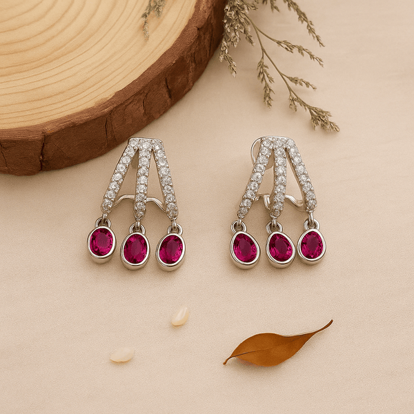 Silver Ruby Drop CZ Earrings