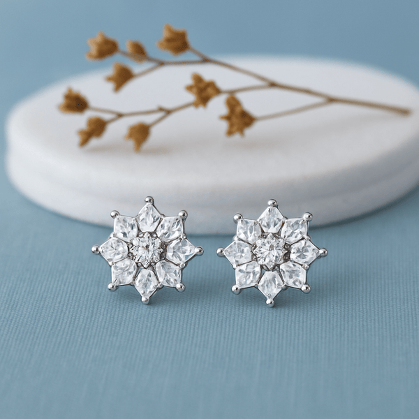 Silver Princess-Cut Floral Stud Earrings