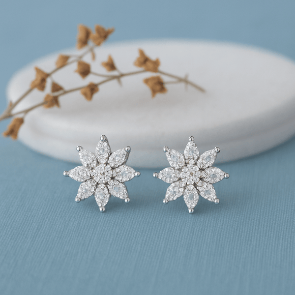 Silver Marquise CZ Floral Stud Earrings