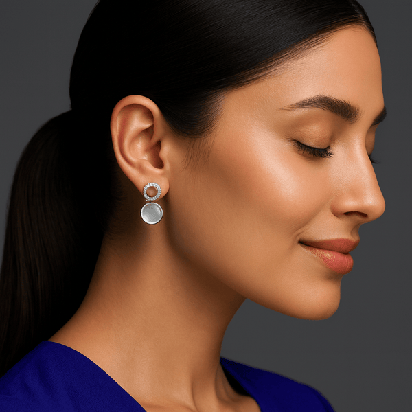 Silver Circle zircon & Pearl Drop Earrings