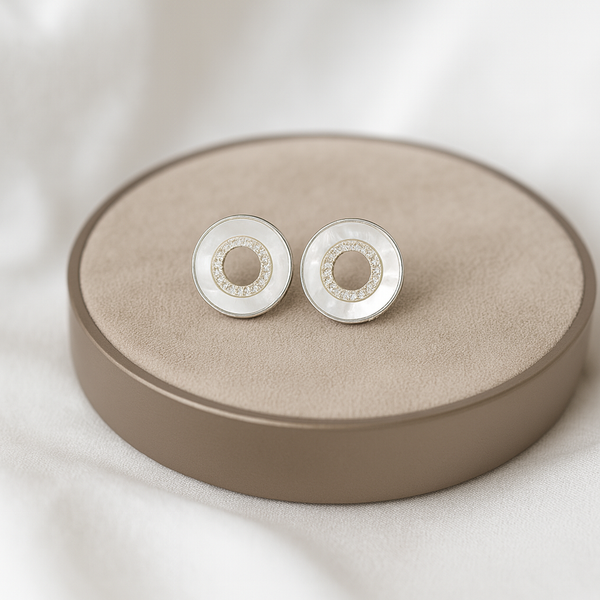 Mother-of-Pearl Circle Halo Silver Stud Earrings