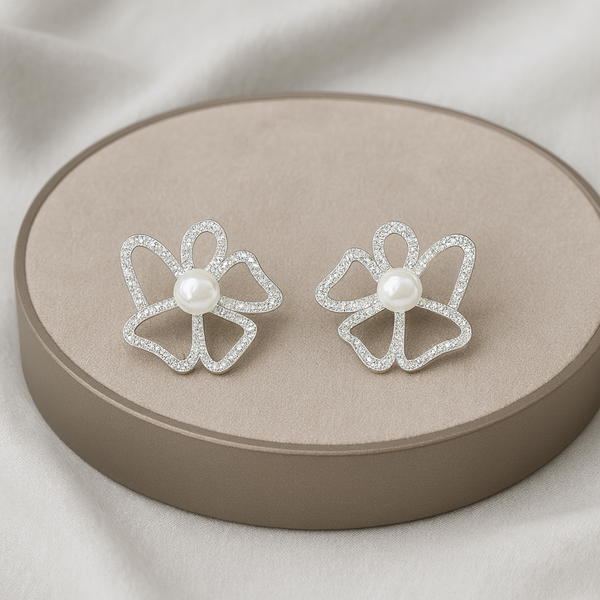 Elegant Pearl Flower Silver Stud Earrings