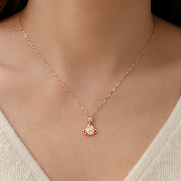 Rose Gold Planet & Star Pendant (925 Silver)