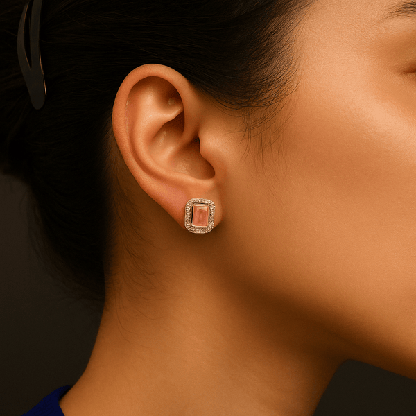Silver Pink Rectangle Halo Stud Earrings