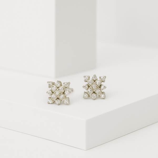 Silver Diamond-Cut Floral Cluster Stud Earrings