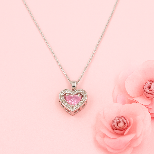 Silver Heart Pendant with Dancing Pink Stone