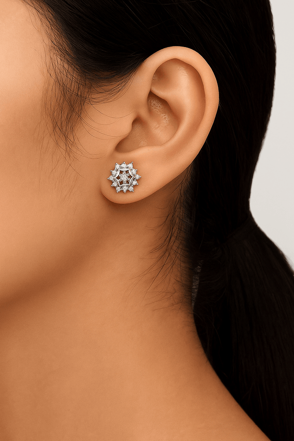 Silver Snowflake Hexagon  Stud Earrings