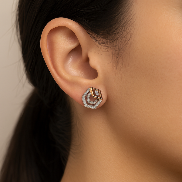 Dual-Tone Hexagon CZ Stud Earrings