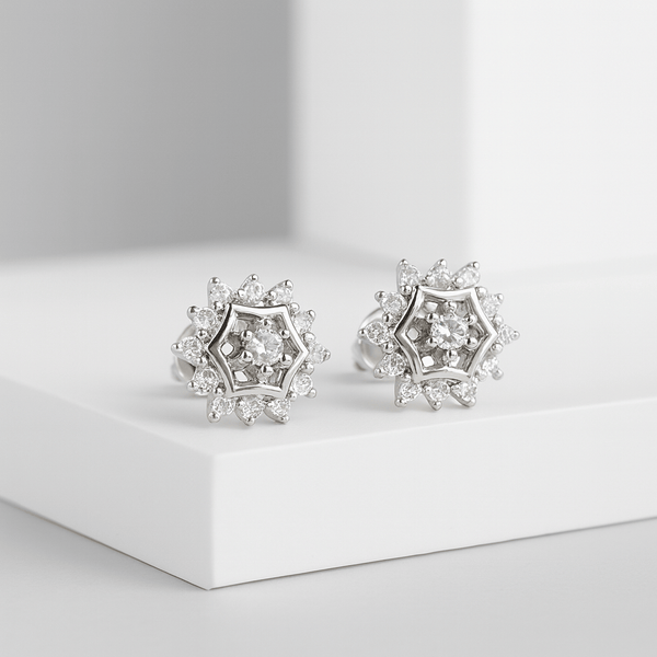 Silver Snowflake Hexagon  Stud Earrings