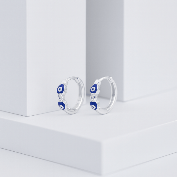 Triple Evil Eye Heart Silver Hoop Earrings