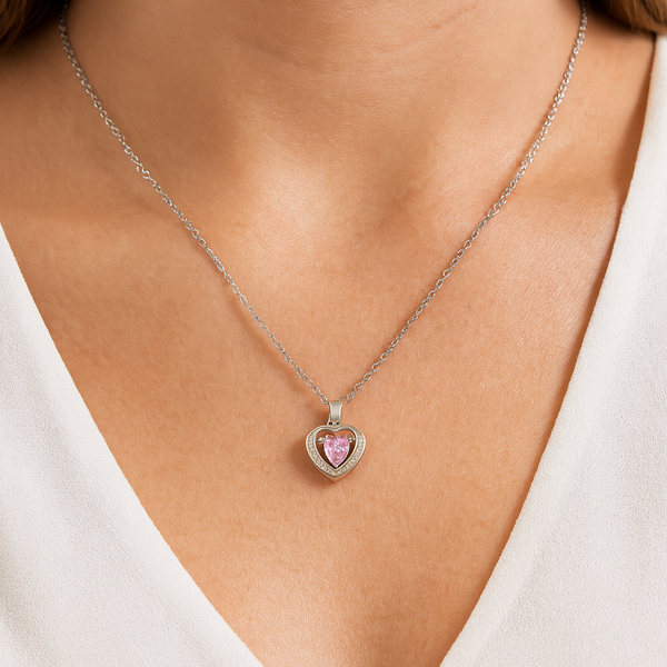Silver Heart Pendant with Dancing Pink Stone