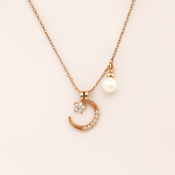 Crystal Moon & Pearl Charm Silver Pendant Necklace